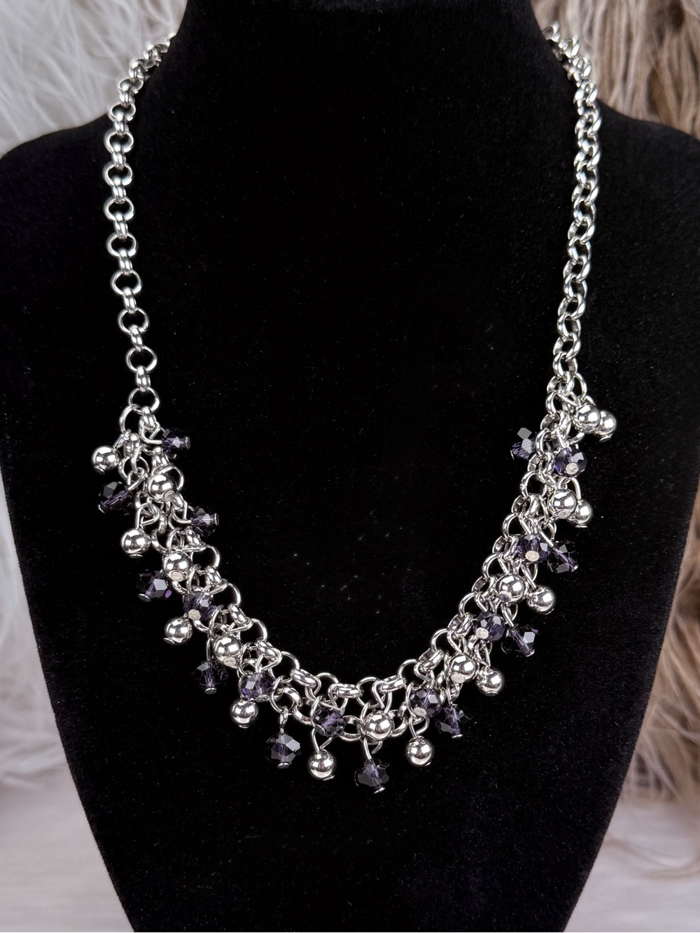 Vintage Silver Tone Purple Bead Fringe Statement Necklace